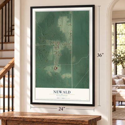 Newald, Wisconsin map, 24 x 36 inch print in a black frame by a staircase