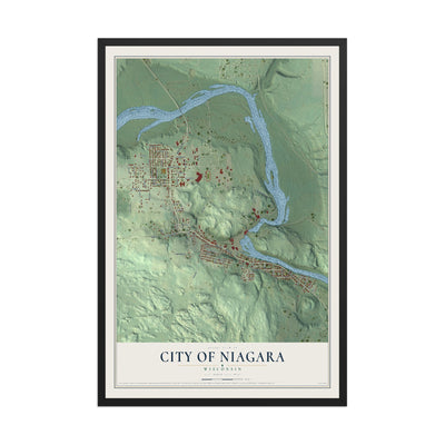 Map of Niagara, Wisconsin, 12 x 18 inch print in a black wood frame