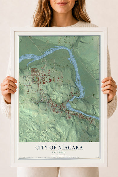 Map of Niagara, Wisconsin, 18 x 24 inch print in a white wood frame