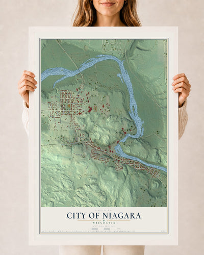 Map of Niagara, Wisconsin, 24 x 36 inch print in a white wood frame