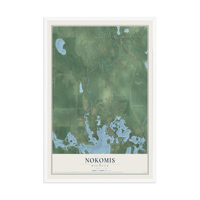 Map of Nokomis, Wisconsin, 12 x 18 inch print in a white wood frame