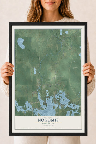 Map of Nokomis, Wisconsin, 18 x 24 inch print in a black wood frame