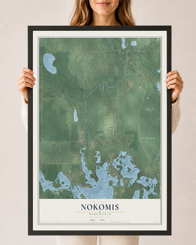 Map of Nokomis, Wisconsin, 24 x 36 inch print in a black wood frame