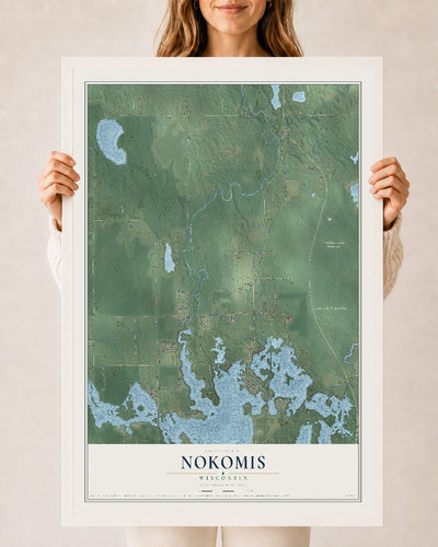 Map of Nokomis, Wisconsin, 24 x 36 inch print in a white wood frame