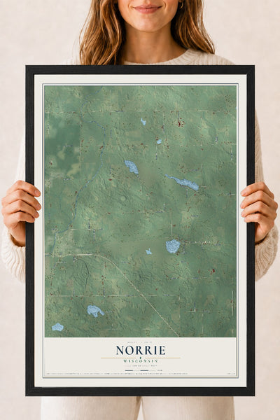 Map of Norrie, Wisconsin, 18 x 24 inch print in a black wood frame