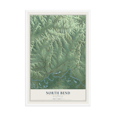 Map of North Bend, Wisconsin, 12 x 18 inch print in a white wood frame