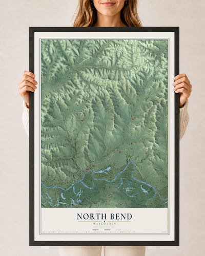 Map of North Bend, Wisconsin, 24 x 36 inch print in a black wood frame