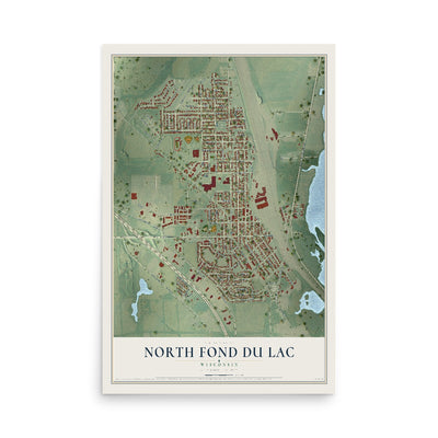 Map of North Fond du Lac, Wisconsin, 12 x 18 inch unframed archival matte print