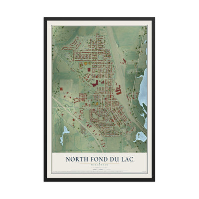 Map of North Fond du Lac, Wisconsin, 12 x 18 inch print in a black wood frame