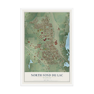 Map of North Fond du Lac, Wisconsin, 12 x 18 inch print in a white wood frame