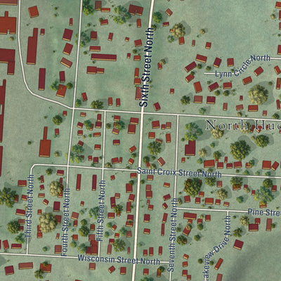 Second close-up of the map of North Hudson, Wisconsin print showing more streets and buildings