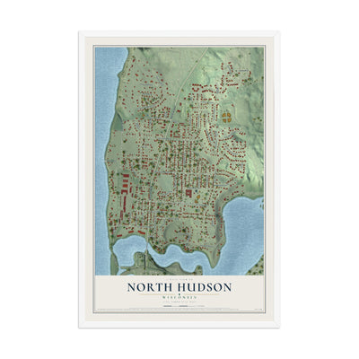 Map of North Hudson, Wisconsin, 12 x 18 inch print in a white wood frame
