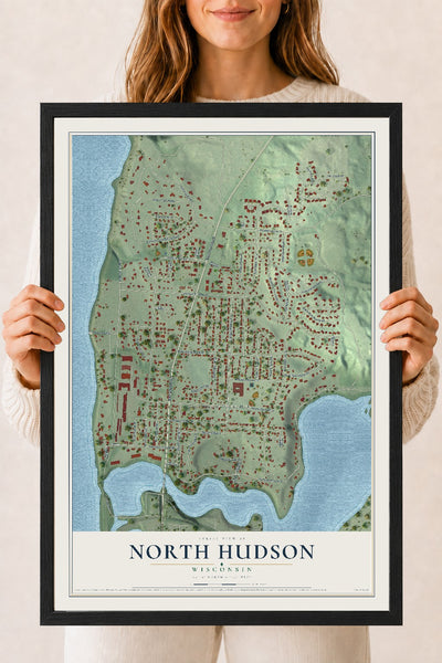 Map of North Hudson, Wisconsin, 18 x 24 inch print in a black wood frame