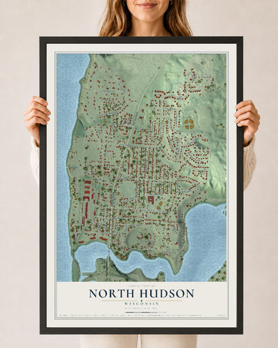 Map of North Hudson, Wisconsin, 24 x 36 inch print in a black wood frame