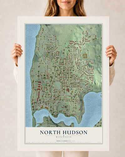 Map of North Hudson, Wisconsin, 24 x 36 inch print in a white wood frame