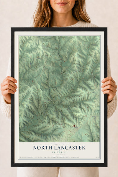 Map of North Lancaster, Wisconsin, 18 x 24 inch print in a black wood frame