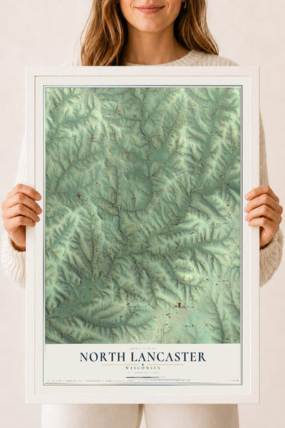 Map of North Lancaster, Wisconsin, 18 x 24 inch print in a white wood frame