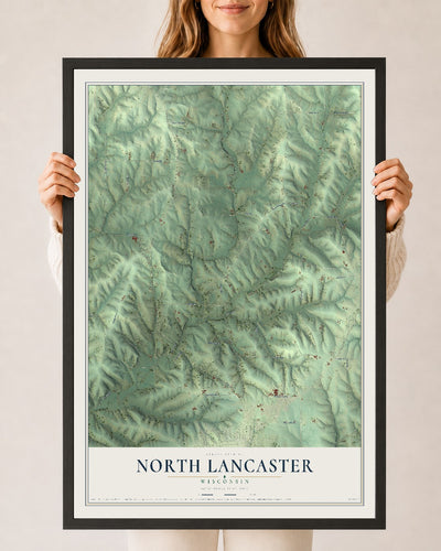 Map of North Lancaster, Wisconsin, 24 x 36 inch print in a black wood frame