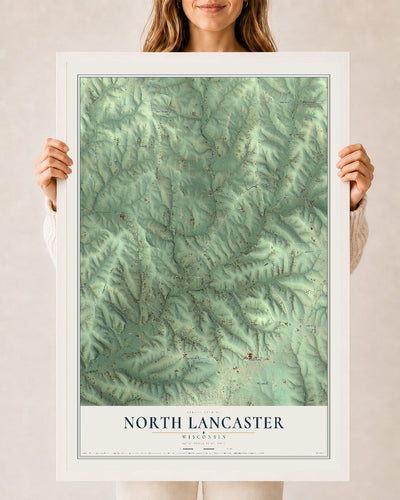Map of North Lancaster, Wisconsin, 24 x 36 inch print in a white wood frame