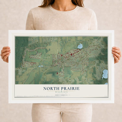 Map of North Prairie, Wisconsin, 12 x 18 inch print in a white wood frame