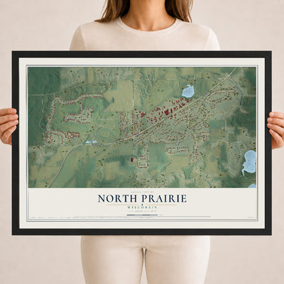 Map of North Prairie, Wisconsin, 18 x 24 inch print in a black wood frame