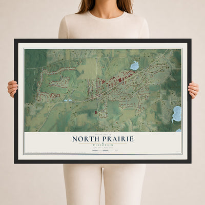 Map of North Prairie, Wisconsin, 24 x 36 inch print in a black wood frame