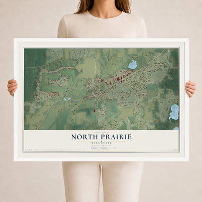 Map of North Prairie, Wisconsin, 24 x 36 inch print in a white wood frame
