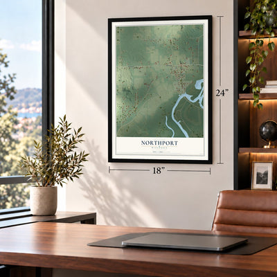 Northport, Wisconsin map, 18 x 24 inch print in a black frame in a home office