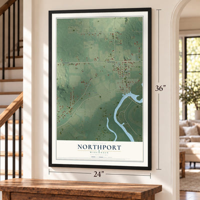 Northport, Wisconsin map, 24 x 36 inch print in a black frame by a staircase