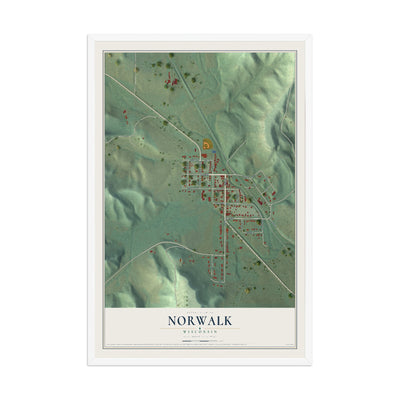 Map of Norwalk, Wisconsin, 12 x 18 inch print in a white wood frame