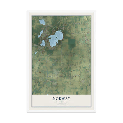 Map of Norway, Wisconsin, 12 x 18 inch print in a white wood frame
