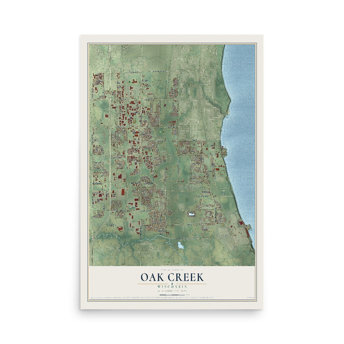 Map of Oak Creek, Wisconsin, 12 x 18 inch unframed archival matte print