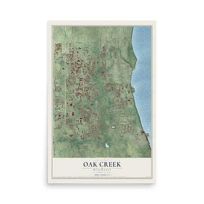 Map of Oak Creek, Wisconsin, 12 x 18 inch unframed archival matte print