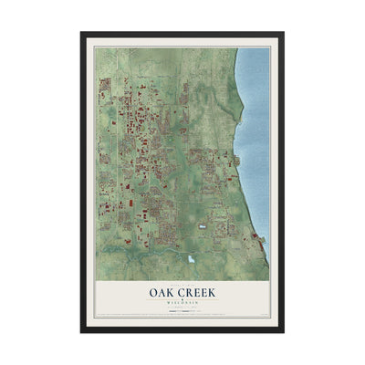 Map of Oak Creek, Wisconsin, 12 x 18 inch print in a black wood frame