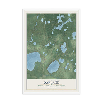 Map of Oakland, Burnett County, Wisconsin, 12 x 18 inch print in a white wood frame