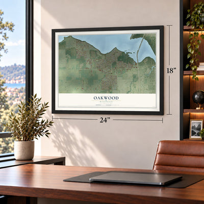 Oakwood, Wisconsin map, 18 x 24 inch print in a black frame in a home office