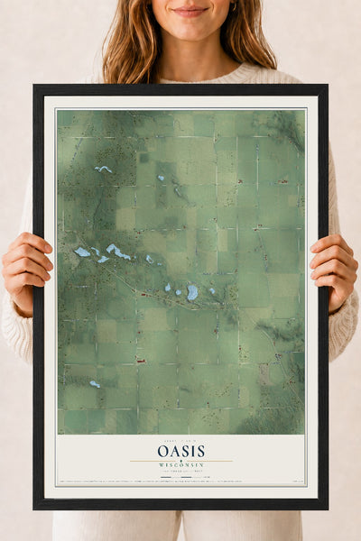 Map of Oasis, Wisconsin, 18 x 24 inch print in a black wood frame