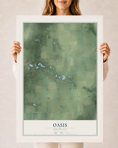 Map of Oasis, Wisconsin, 24 x 36 inch print in a white wood frame