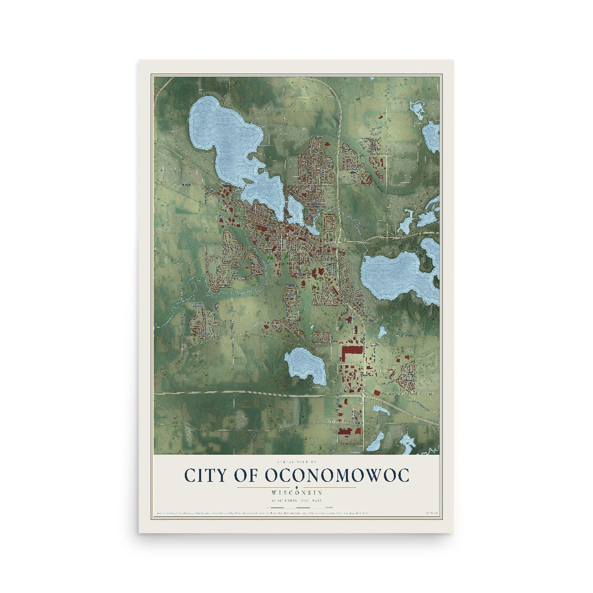 Map of Oconomowoc, Wisconsin, 12 x 18 inch unframed archival matte print