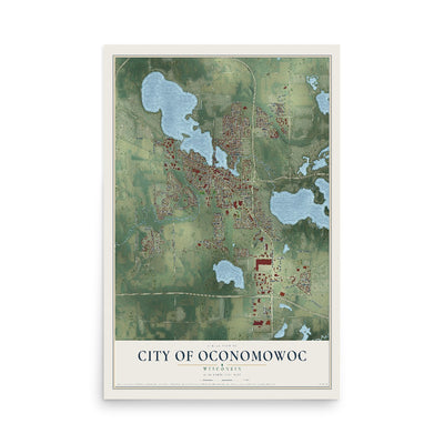 Map of Oconomowoc, Wisconsin, 12 x 18 inch unframed archival matte print
