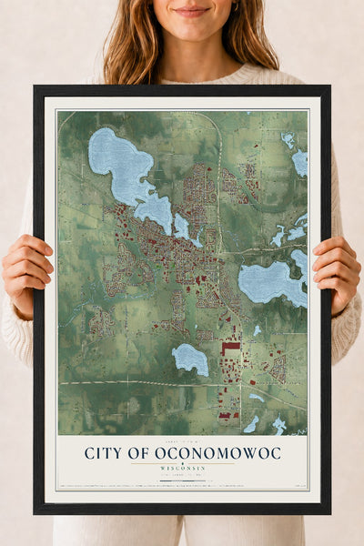 Map of Oconomowoc, Wisconsin, 18 x 24 inch print in a black wood frame
