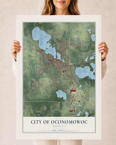 Map of Oconomowoc, Wisconsin, 24 x 36 inch print in a white wood frame