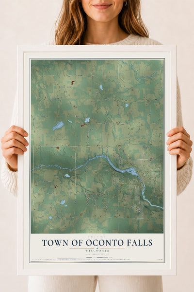 Map of the Town of Oconto Falls, Wisconsin, 18 x 24 inch print in a white wood frame