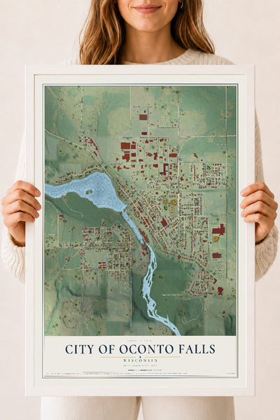 Map of Oconto Falls, Wisconsin, 18 x 24 inch print in a white wood frame