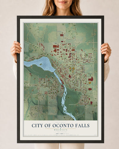 Map of Oconto Falls, Wisconsin, 24 x 36 inch print in a black wood frame