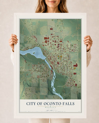 Map of Oconto Falls, Wisconsin, 24 x 36 inch print in a white wood frame