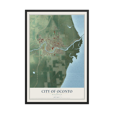 Map of Oconto, Wisconsin, 12 x 18 inch print in a black wood frame