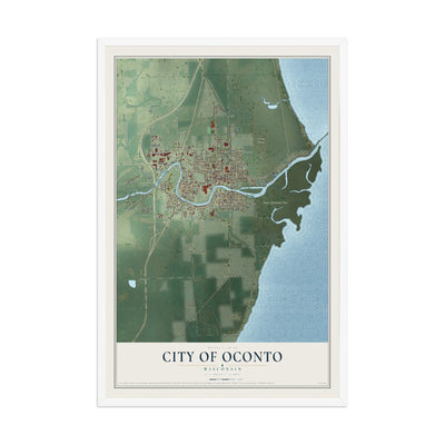 Map of Oconto, Wisconsin, 12 x 18 inch print in a white wood frame