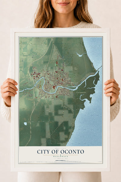 Map of Oconto, Wisconsin, 18 x 24 inch print in a white wood frame
