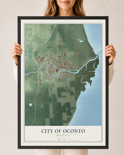 Map of Oconto, Wisconsin, 24 x 36 inch print in a black wood frame